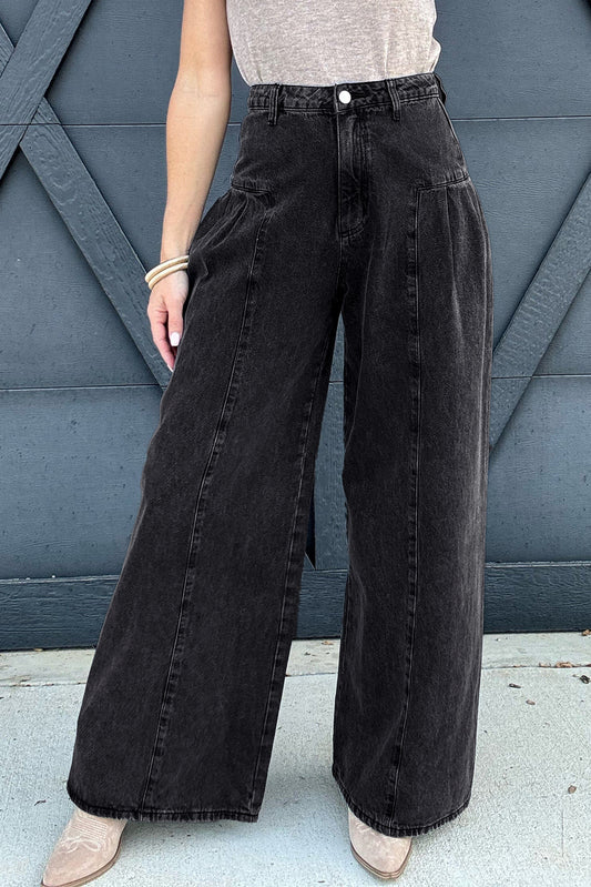 Dark Grey Pleated Wide Leg Mineral Wash Denim Pants