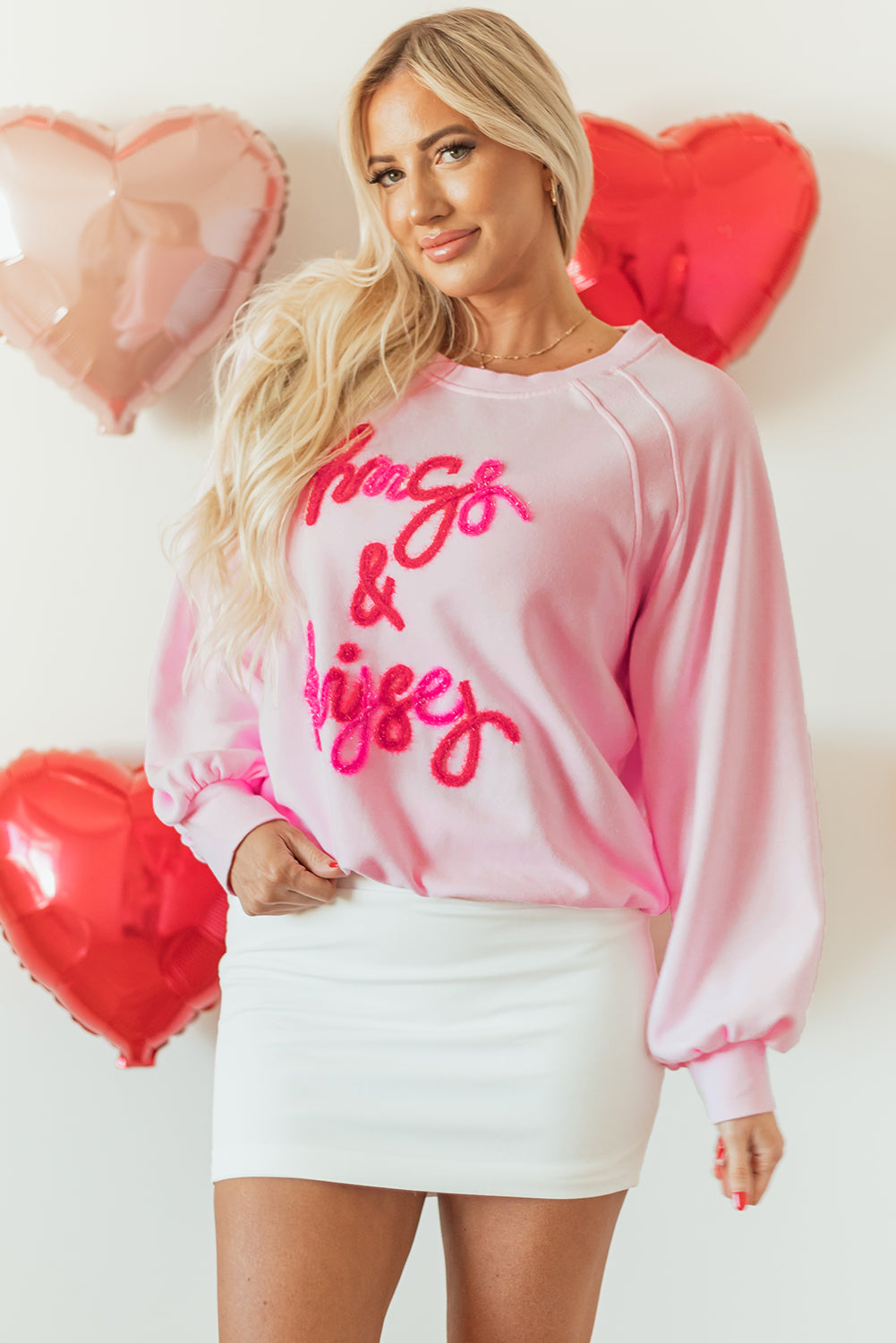 Pink Hugs and Kisses Pop Up Embroidered Raglan Sleeve Sweatshirt