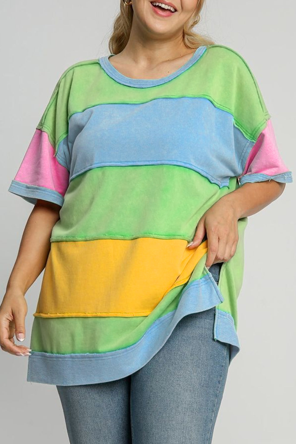 Light Blue Color Block Exposed Seam Patchwork Plus Size T Shirt