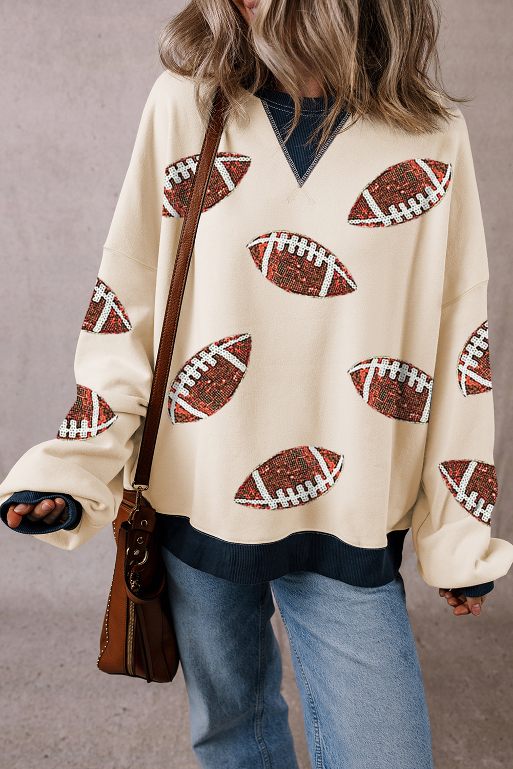 White Sequin Football Graphic Crew Colorblock Sweatshirt