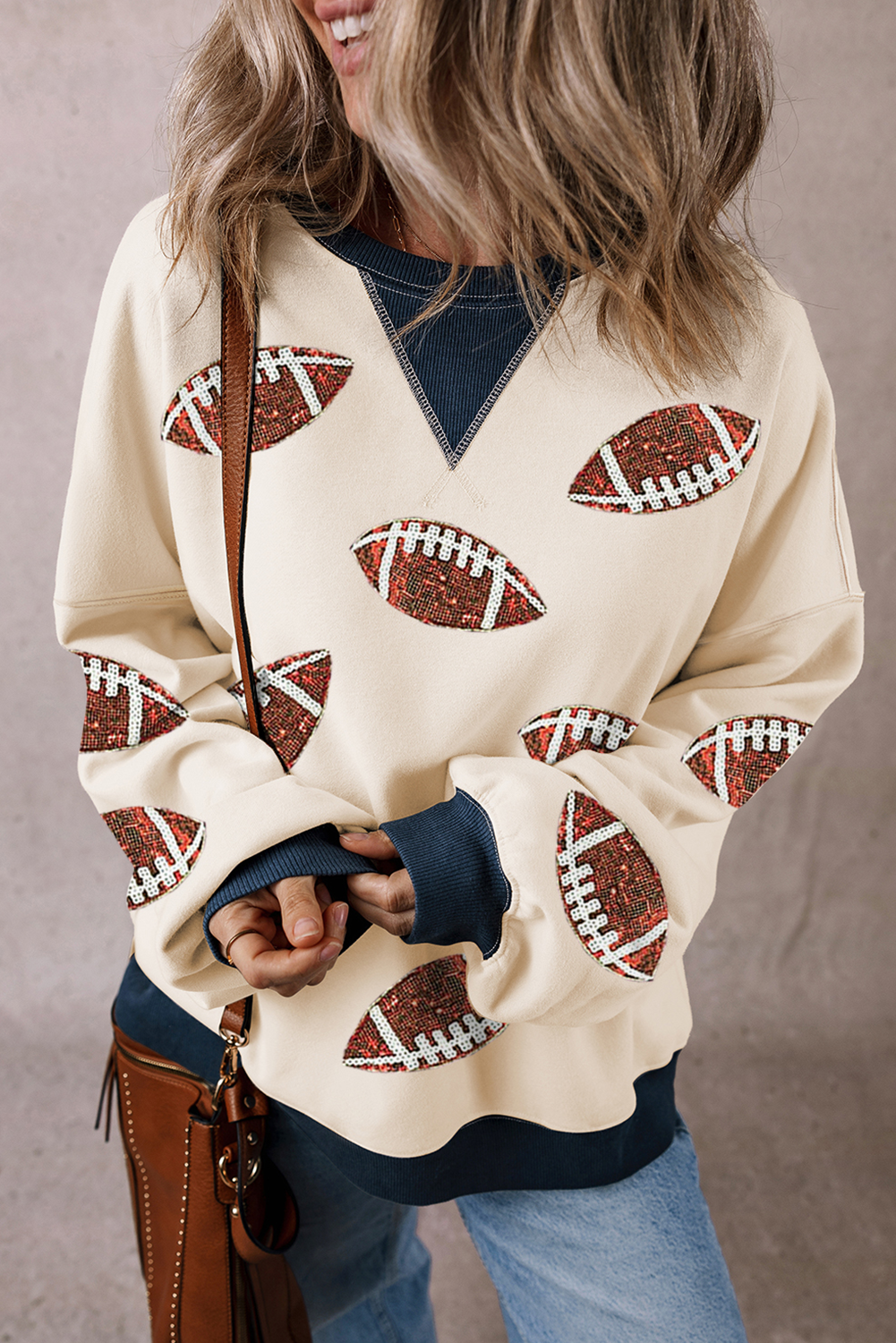 White Sequin Football Graphic Crew Colorblock Sweatshirt