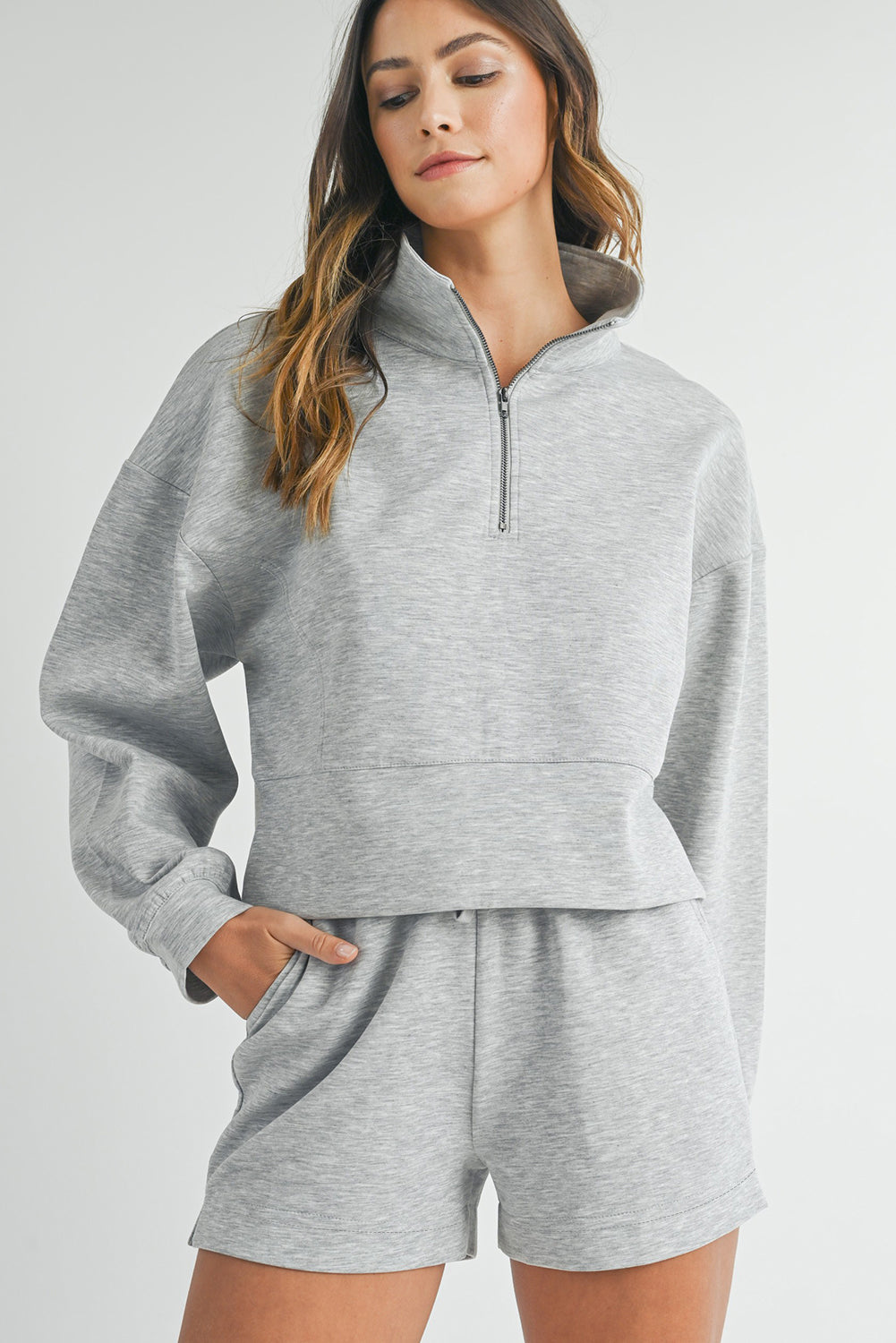 Light Grey Stand Neck Zipped Sweatshirt and Shorts Set