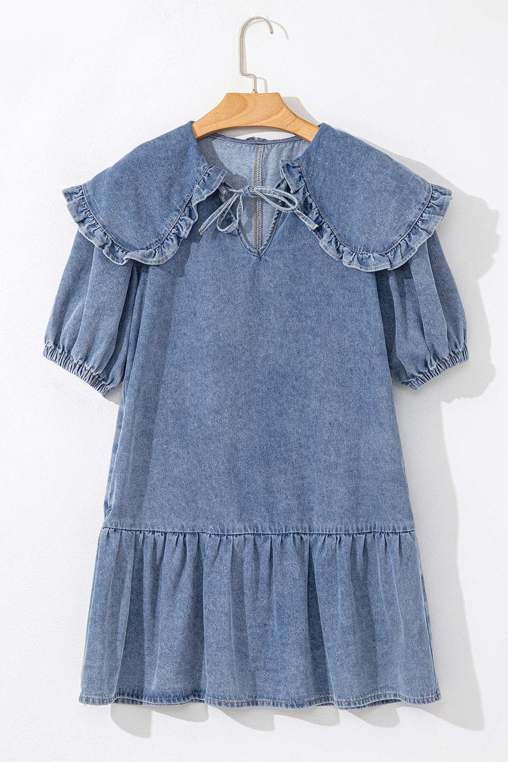 Dusk Blue Ruffled Collared Side Pockets Puff Sleeve Denim Mini Dress