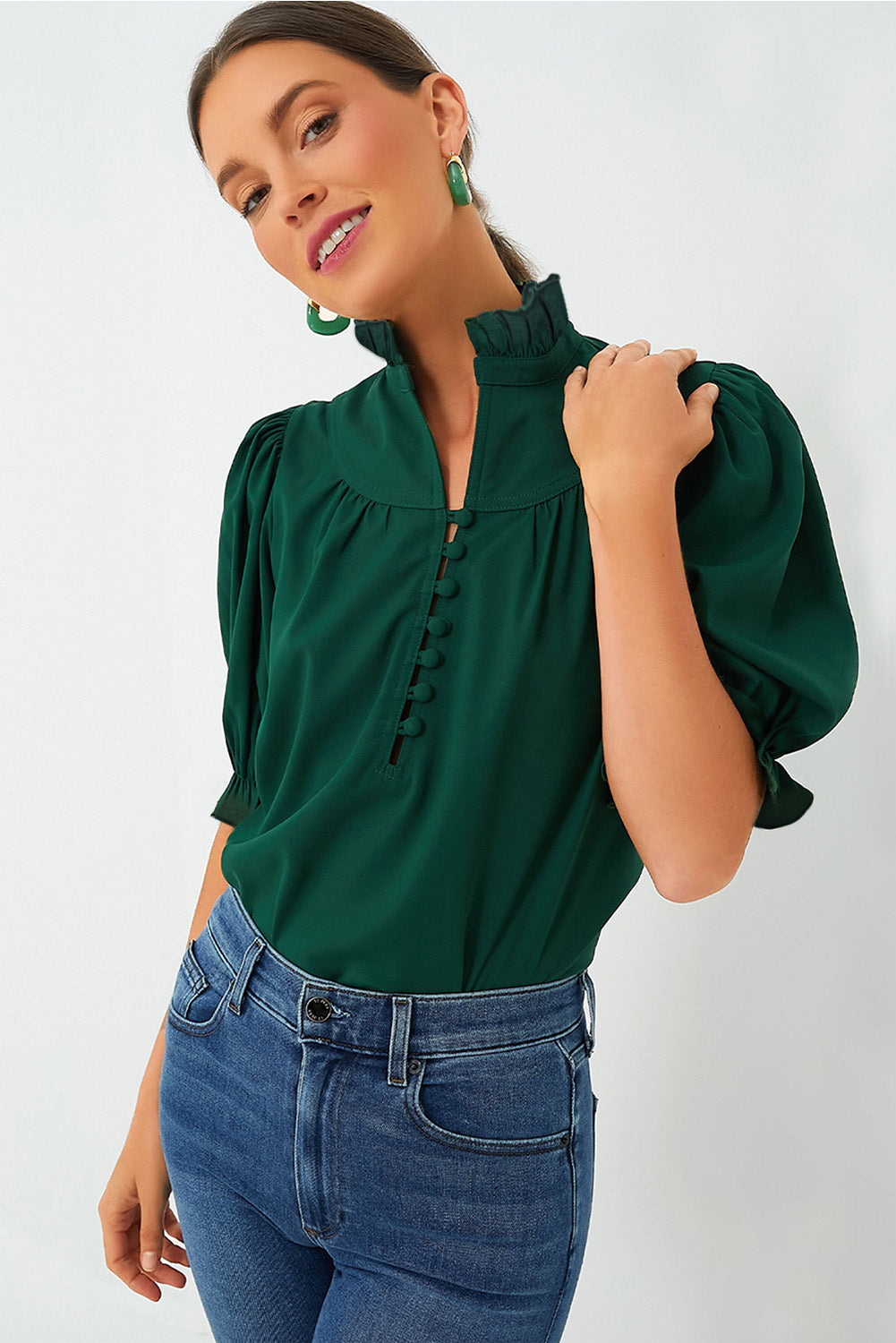 Green Checkered Puff Sleeve Frill Trim Blouse