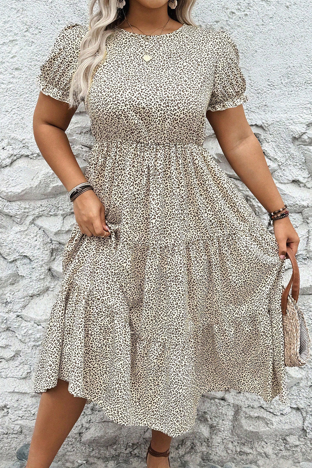 Beige Plus Size Leopard Print Frill Trim Short Sleeve Flared Dress