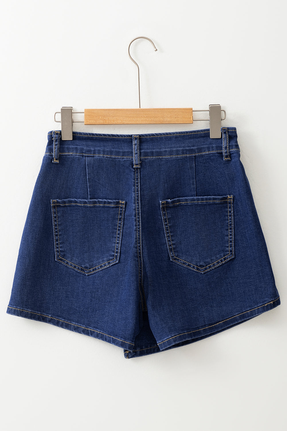 Bluing Asymmetric Wrapped Buttoned High Waist Denim Shorts