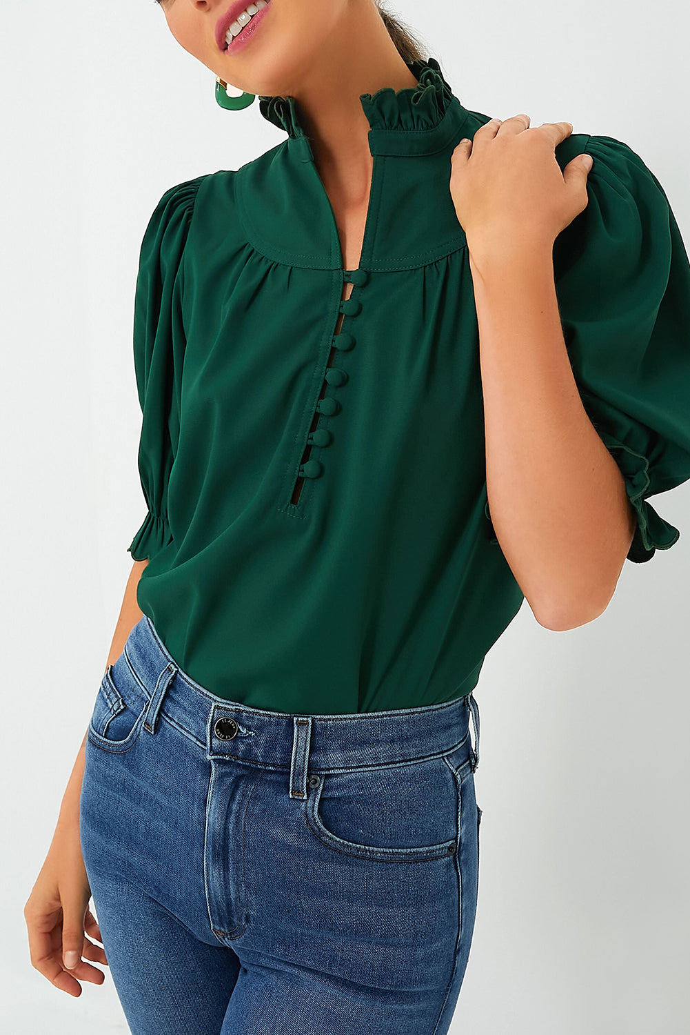 Green Checkered Puff Sleeve Frill Trim Blouse