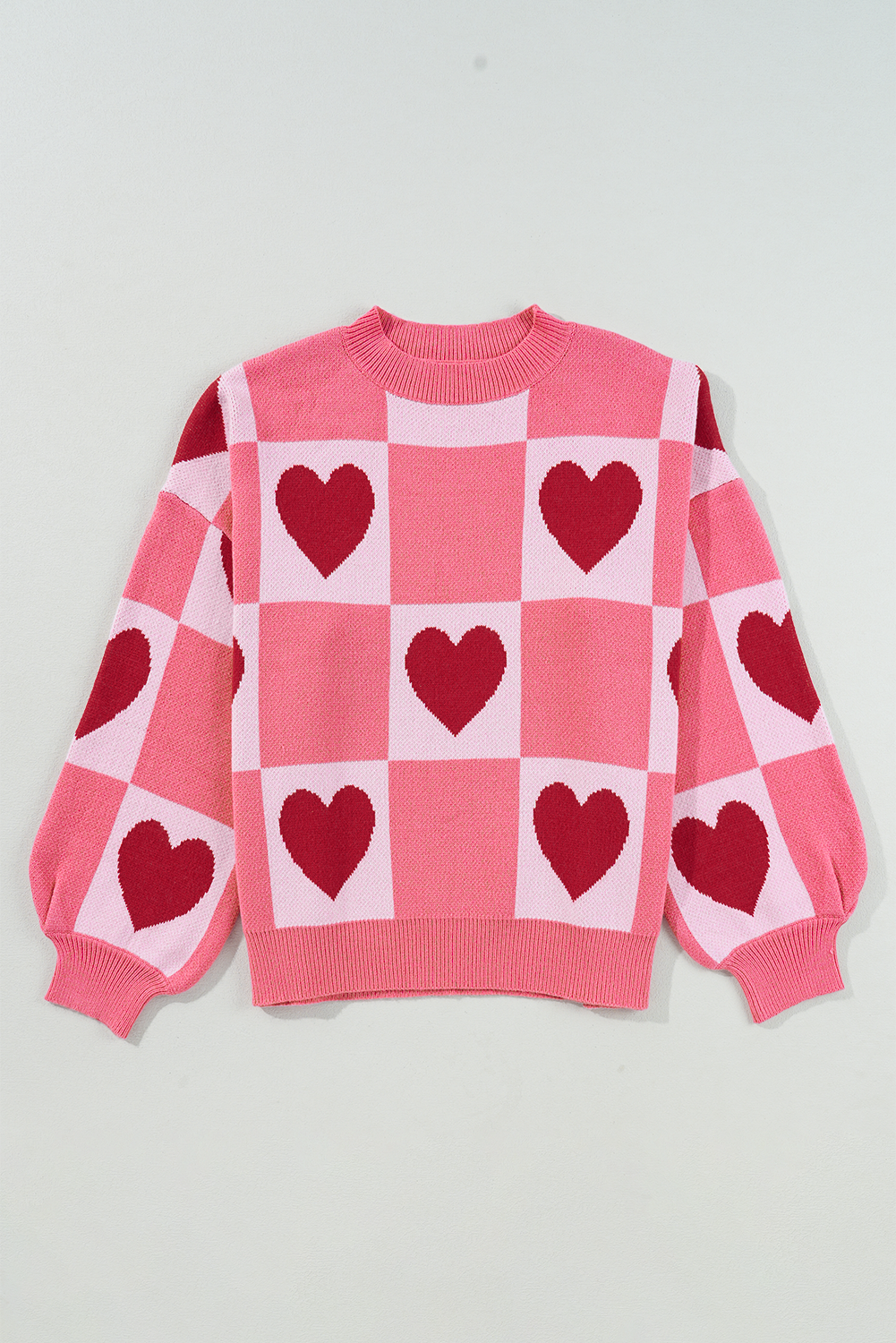 Pink Plus Size Love Heart Block Mock Neck Lantern Sleeve Valentine Sweater