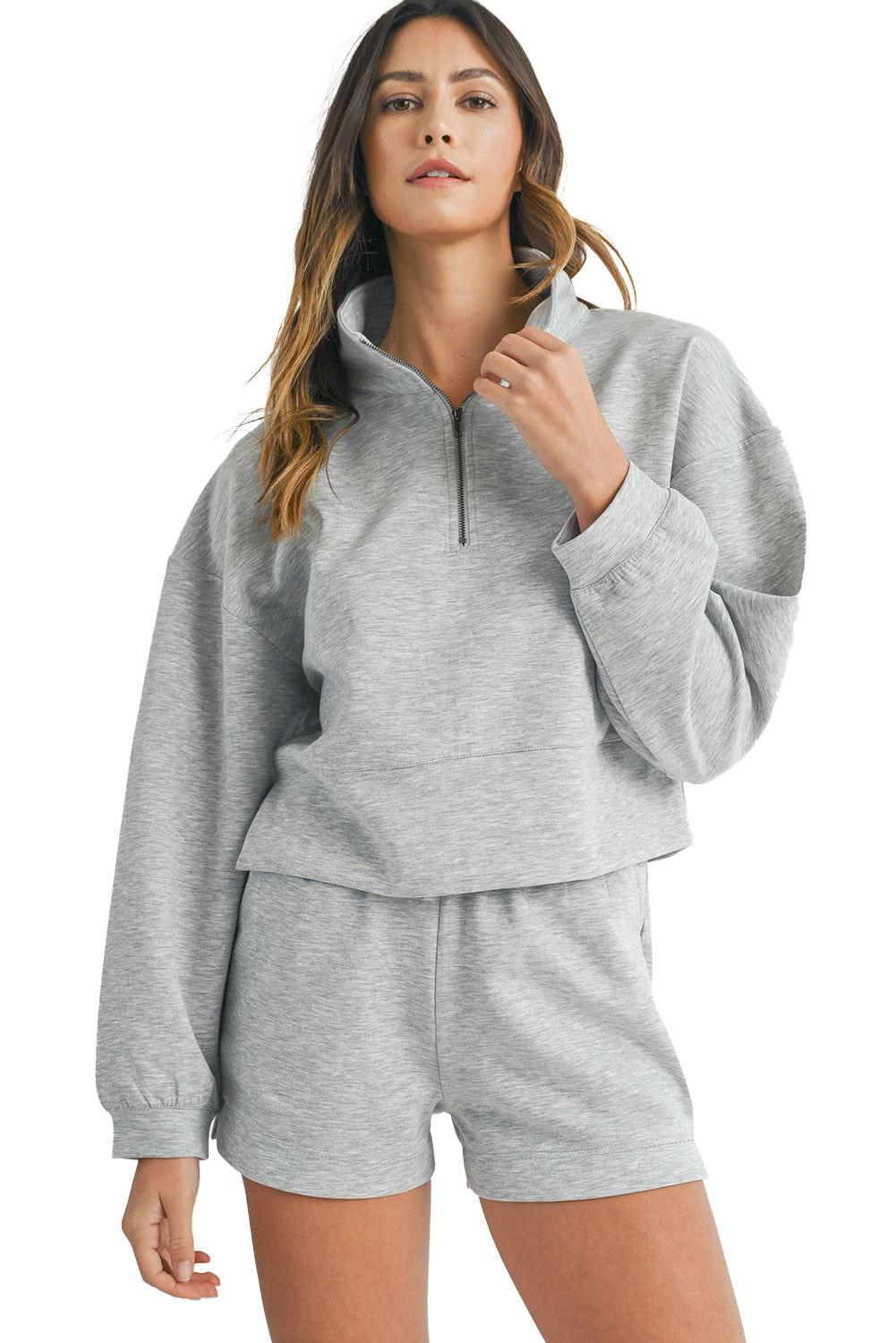 Light Grey Stand Neck Zipped Sweatshirt and Shorts Set