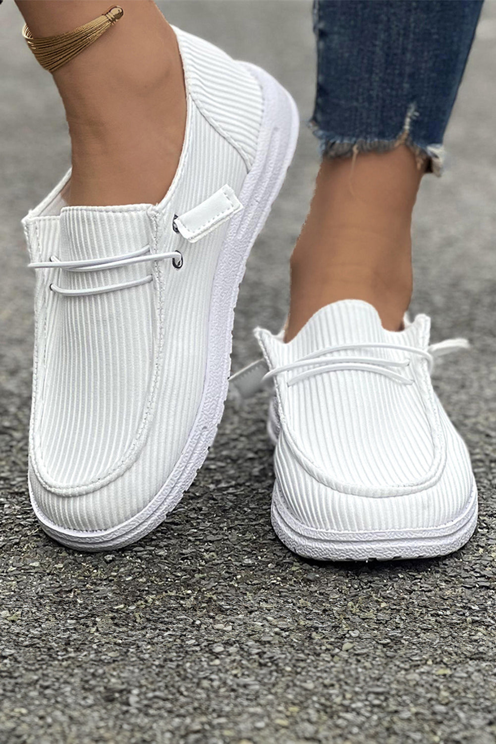 White Ribbed Lace-up Decor Slip On Shoes