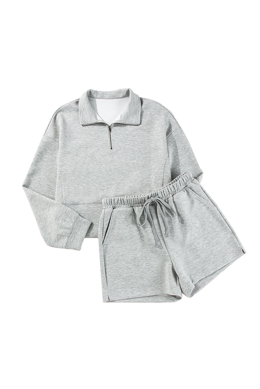 Light Grey Stand Neck Zipped Sweatshirt and Shorts Set