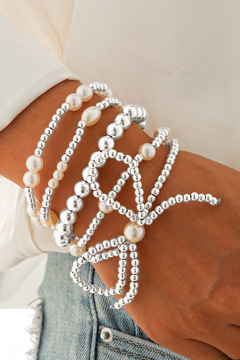 Silvery Bow Knot Pearl Beaded Multi Layered Bracelet Set