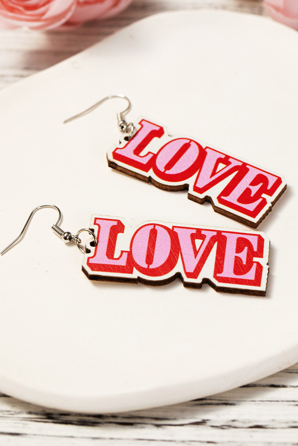 Pink Valentines Day LOVE Pendant Hook Earrings