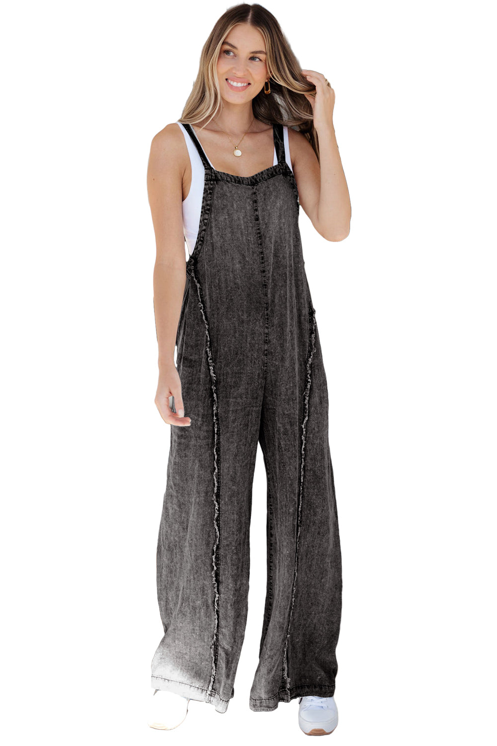 Dark Grey Light Wash Frayed Exposed Seam Wide Leg Denim Overall